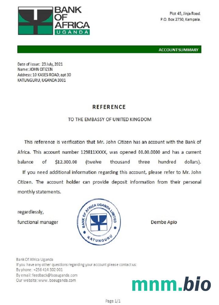 Uganda Bank Of Africa przykład odniesienia w formatach Word i PDF